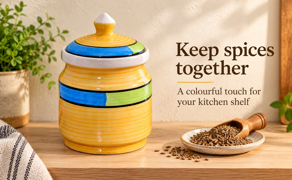 Kunhar Ceramic Jars (600ML) – Handcrafted Multipurpose Barni with Lid for Pickle, Chutney, Spices, Salt, Sugar – Kitchen Storage Containers, Yellow – visual story 2