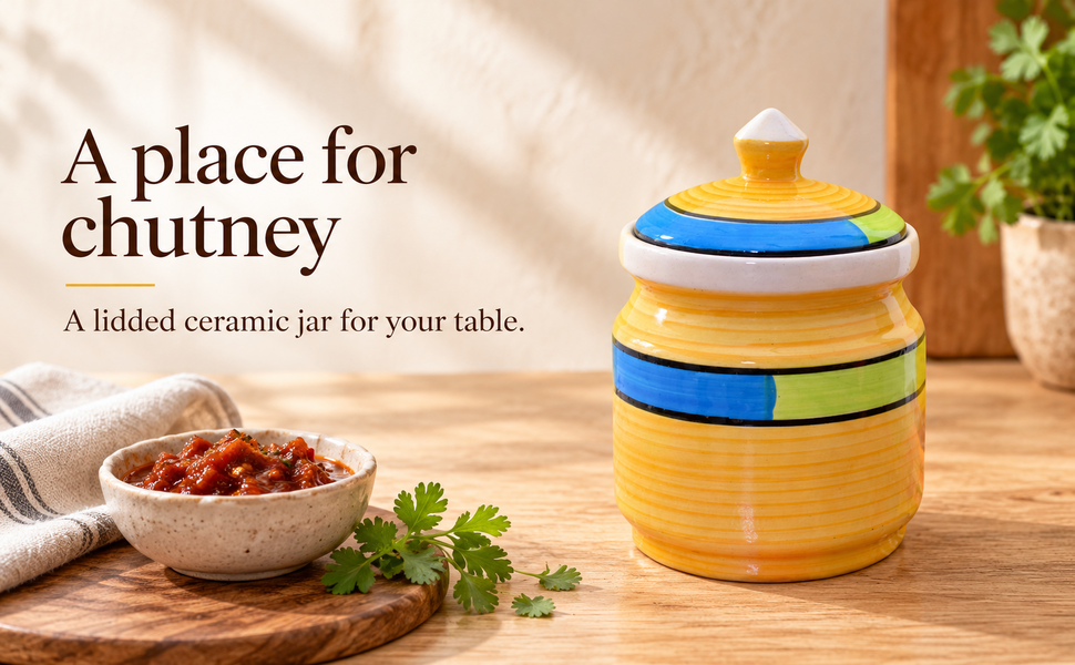Kunhar Ceramic Jars (600ML) – Handcrafted Multipurpose Barni with Lid for Pickle, Chutney, Spices, Salt, Sugar – Kitchen Storage Containers, Yellow – visual story 5