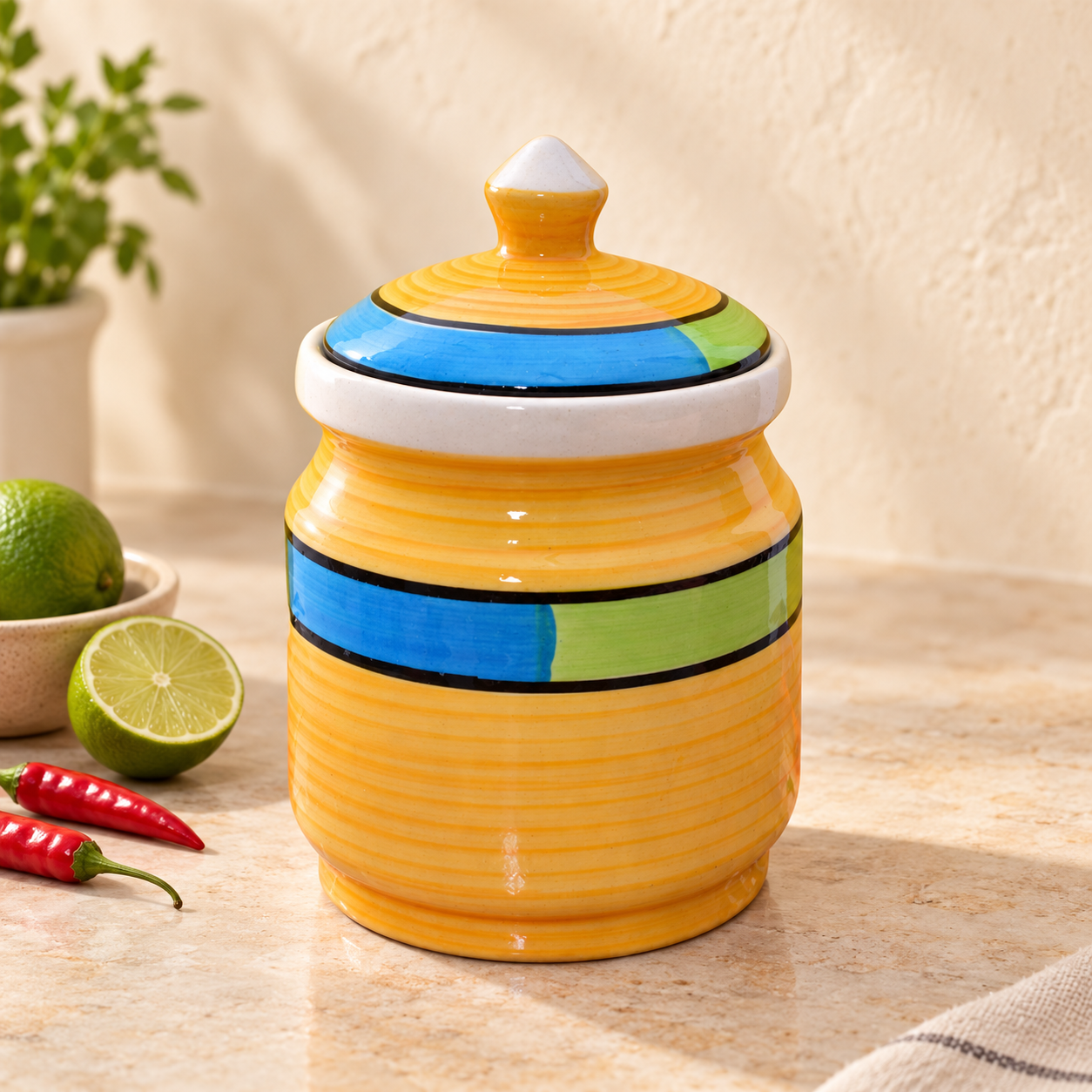 Kunhar Ceramic Jars (600ML) – Handcrafted Multipurpose Barni with Lid for Pickle, Chutney, Spices, Salt, Sugar – Kitchen Storage Containers, Yellow