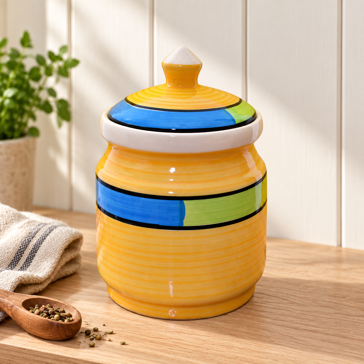 Kunhar Ceramic Jars (600ML) – Handcrafted Multipurpose Barni with Lid for Pickle, Chutney, Spices, Salt, Sugar – Kitchen Storage Containers, Yellow - Image 2