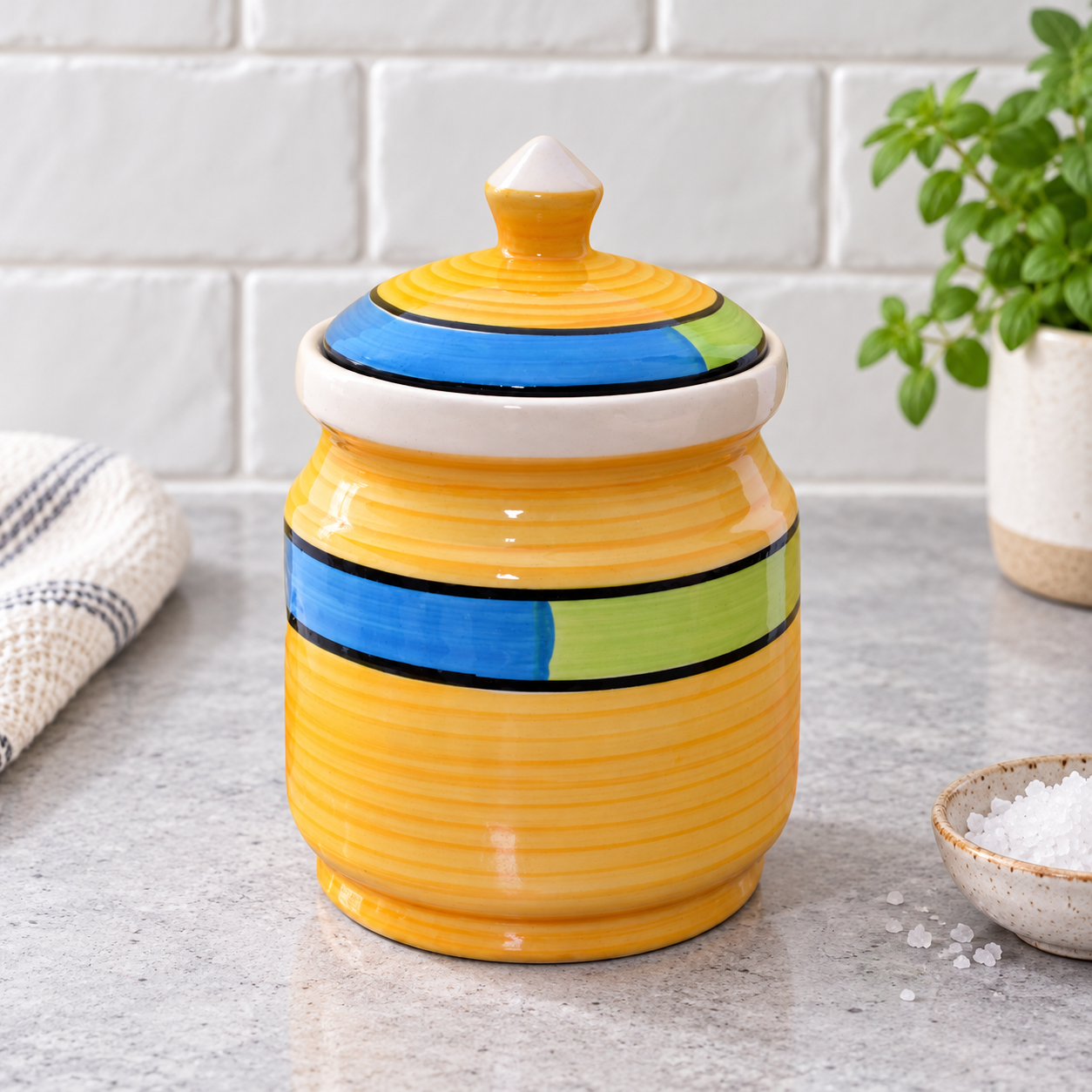 Kunhar Ceramic Jars (600ML) – Handcrafted Multipurpose Barni with Lid for Pickle, Chutney, Spices, Salt, Sugar – Kitchen Storage Containers, Yellow - Image 3