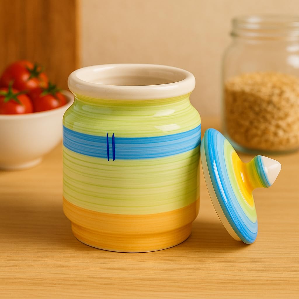 Kunhar Ceramic Jars (600ML) – Handcrafted Multipurpose Barni with Lid for Pickle, Chutney, Spices, Salt, Sugar – Kitchen Storage Containers, Green Yellow - Image 2