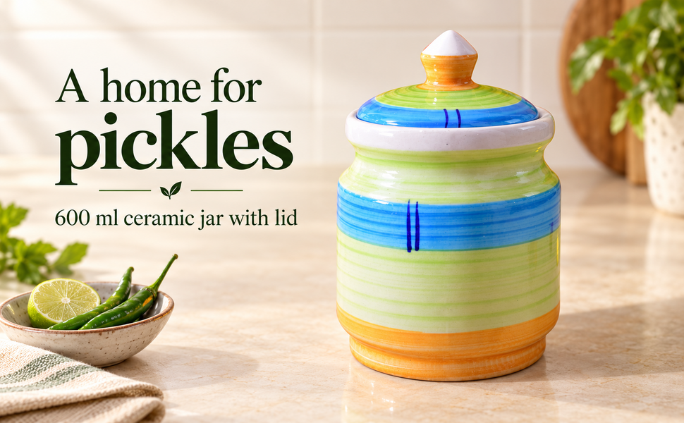 Kunhar Ceramic Jars (600ML) – Handcrafted Multipurpose Barni with Lid for Pickle, Chutney, Spices, Salt, Sugar – Kitchen Storage Containers, Green Yellow – visual story 1