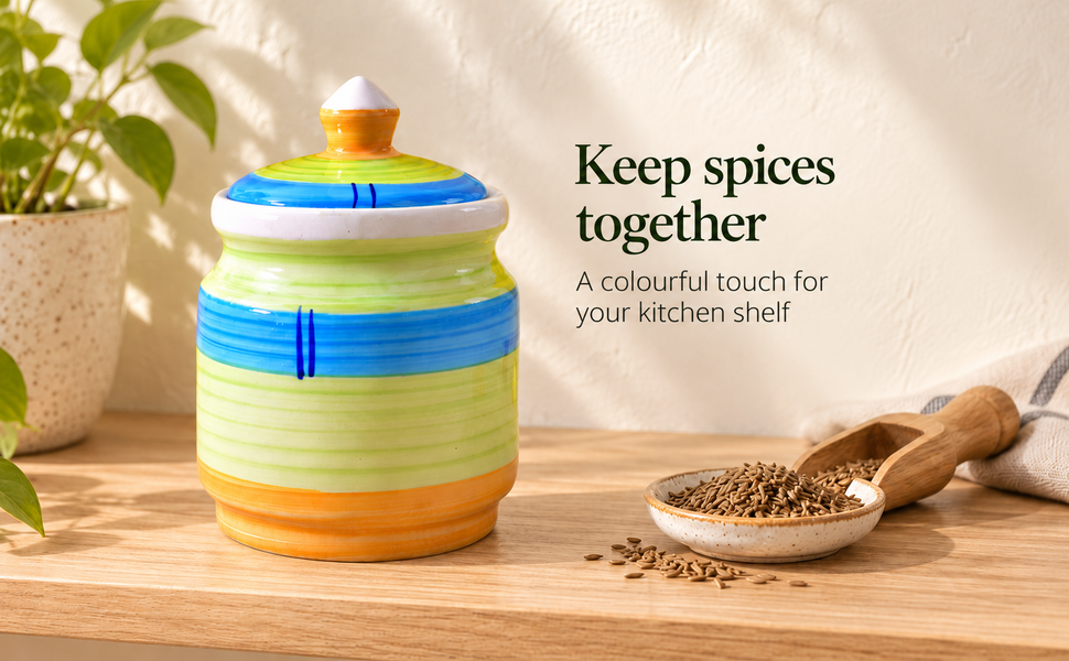Kunhar Ceramic Jars (600ML) – Handcrafted Multipurpose Barni with Lid for Pickle, Chutney, Spices, Salt, Sugar – Kitchen Storage Containers, Green Yellow – visual story 2