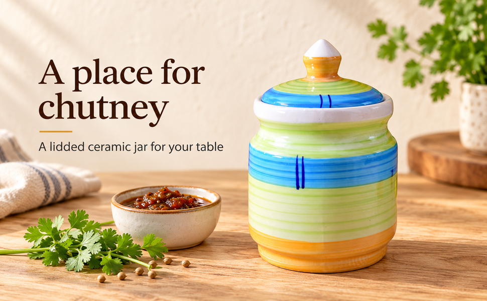 Kunhar Ceramic Jars (600ML) – Handcrafted Multipurpose Barni with Lid for Pickle, Chutney, Spices, Salt, Sugar – Kitchen Storage Containers, Green Yellow – visual story 5