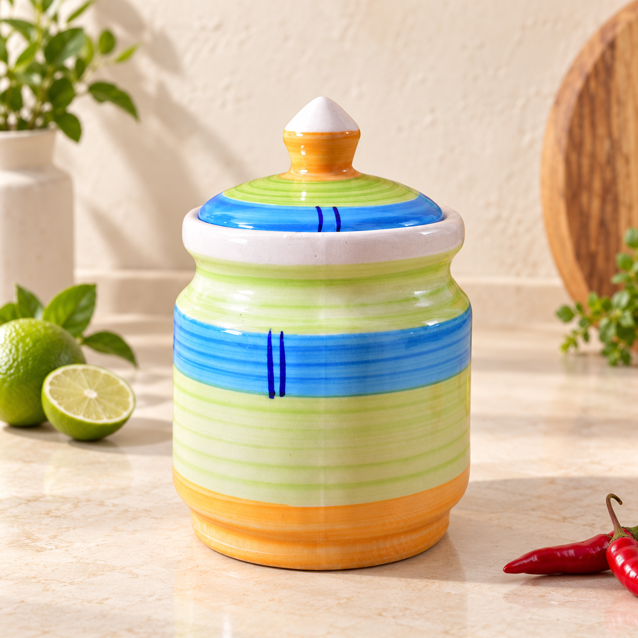 Kunhar Ceramic Jars (600ML) – Handcrafted Multipurpose Barni with Lid for Pickle, Chutney, Spices, Salt, Sugar – Kitchen Storage Containers, Green Yellow
