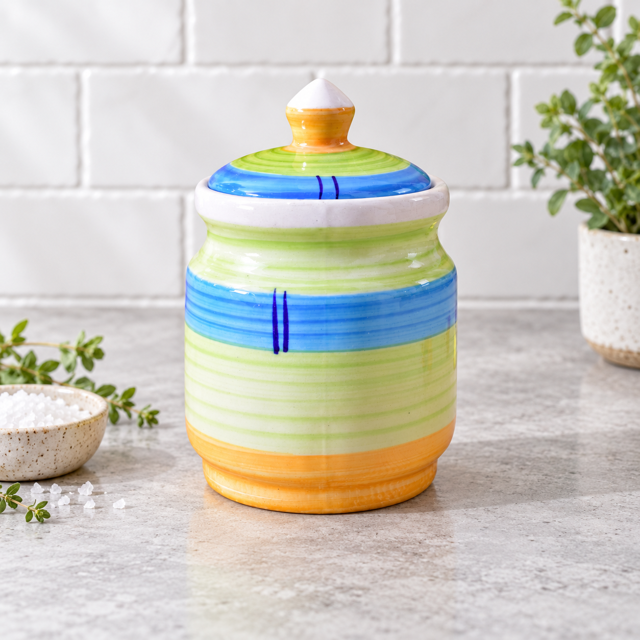 Kunhar Ceramic Jars (600ML) – Handcrafted Multipurpose Barni with Lid for Pickle, Chutney, Spices, Salt, Sugar – Kitchen Storage Containers, Green Yellow - Image 3