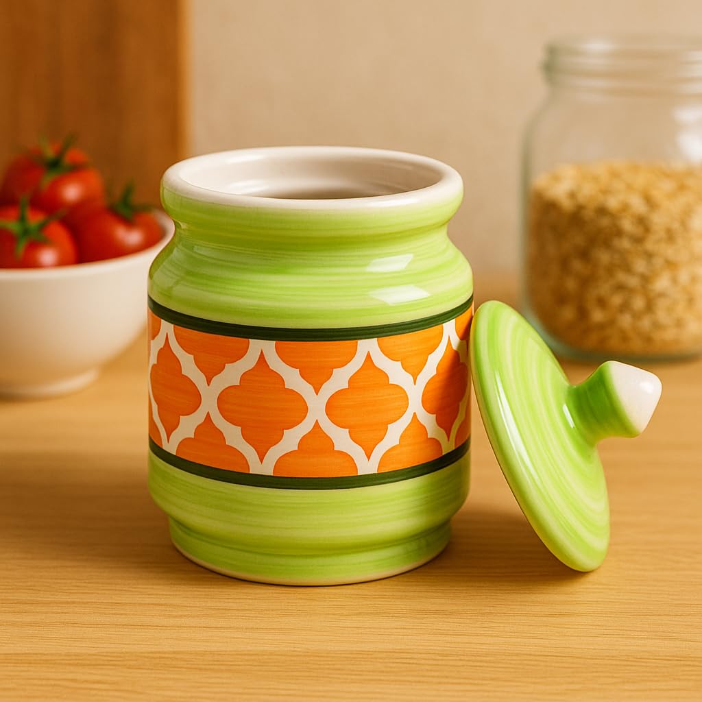 Kunhar Ceramic Jars (600ML) – Handcrafted Multipurpose Barni with Lid for Pickle, Chutney, Spices, Salt, Sugar – Kitchen Storage Containers, Green Orange - Image 2
