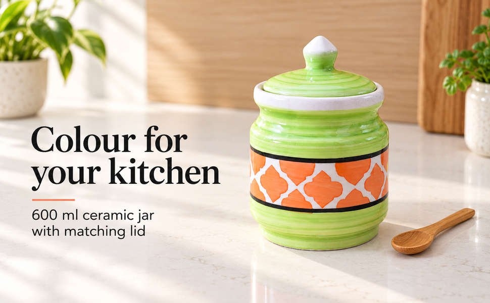 Kunhar Ceramic Jars (600ML) – Handcrafted Multipurpose Barni with Lid for Pickle, Chutney, Spices, Salt, Sugar – Kitchen Storage Containers, Green Orange – visual story 1