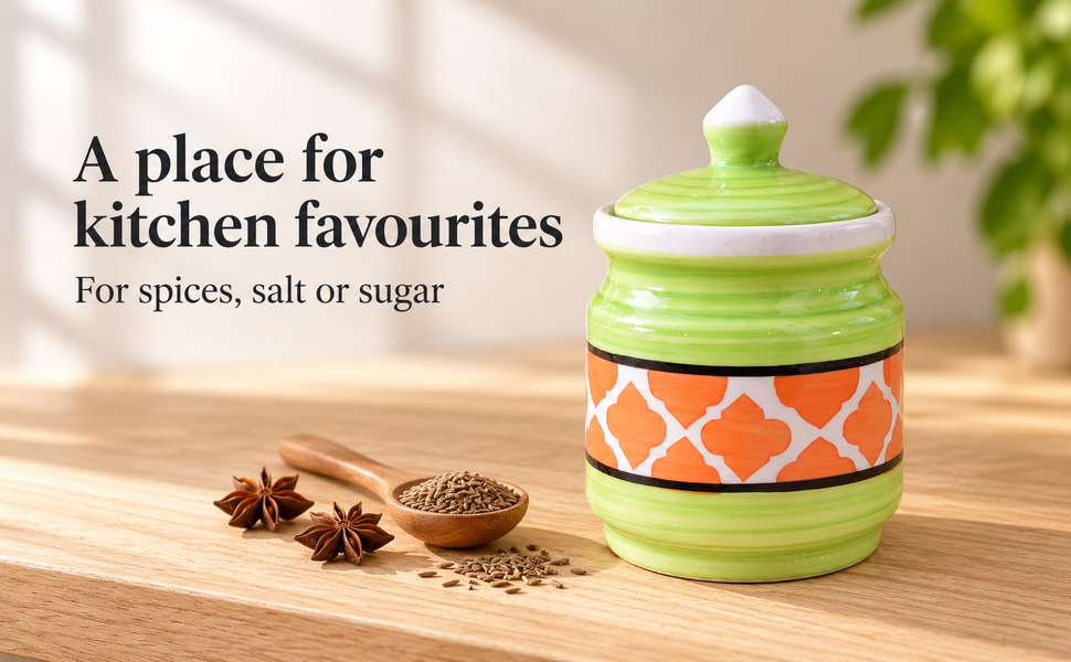 Kunhar Ceramic Jars (600ML) – Handcrafted Multipurpose Barni with Lid for Pickle, Chutney, Spices, Salt, Sugar – Kitchen Storage Containers, Green Orange – visual story 3
