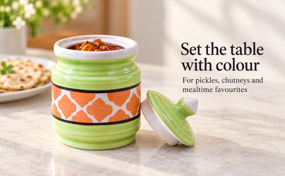 Kunhar Ceramic Jars (600ML) – Handcrafted Multipurpose Barni with Lid for Pickle, Chutney, Spices, Salt, Sugar – Kitchen Storage Containers, Green Orange – visual story 4