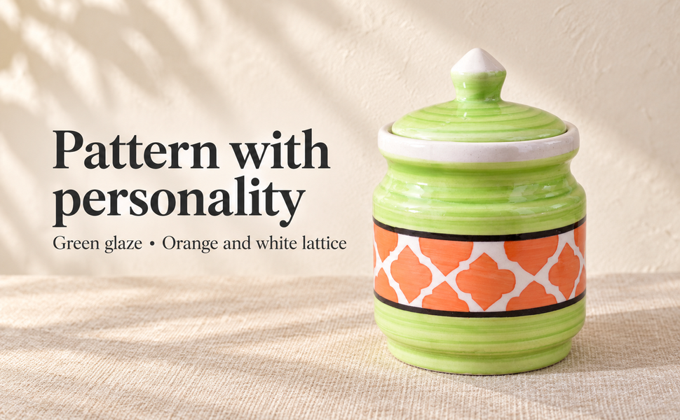 Kunhar Ceramic Jars (600ML) – Handcrafted Multipurpose Barni with Lid for Pickle, Chutney, Spices, Salt, Sugar – Kitchen Storage Containers, Green Orange – visual story 5