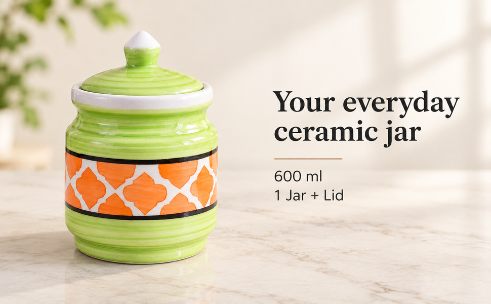 Kunhar Ceramic Jars (600ML) – Handcrafted Multipurpose Barni with Lid for Pickle, Chutney, Spices, Salt, Sugar – Kitchen Storage Containers, Green Orange – visual story 6