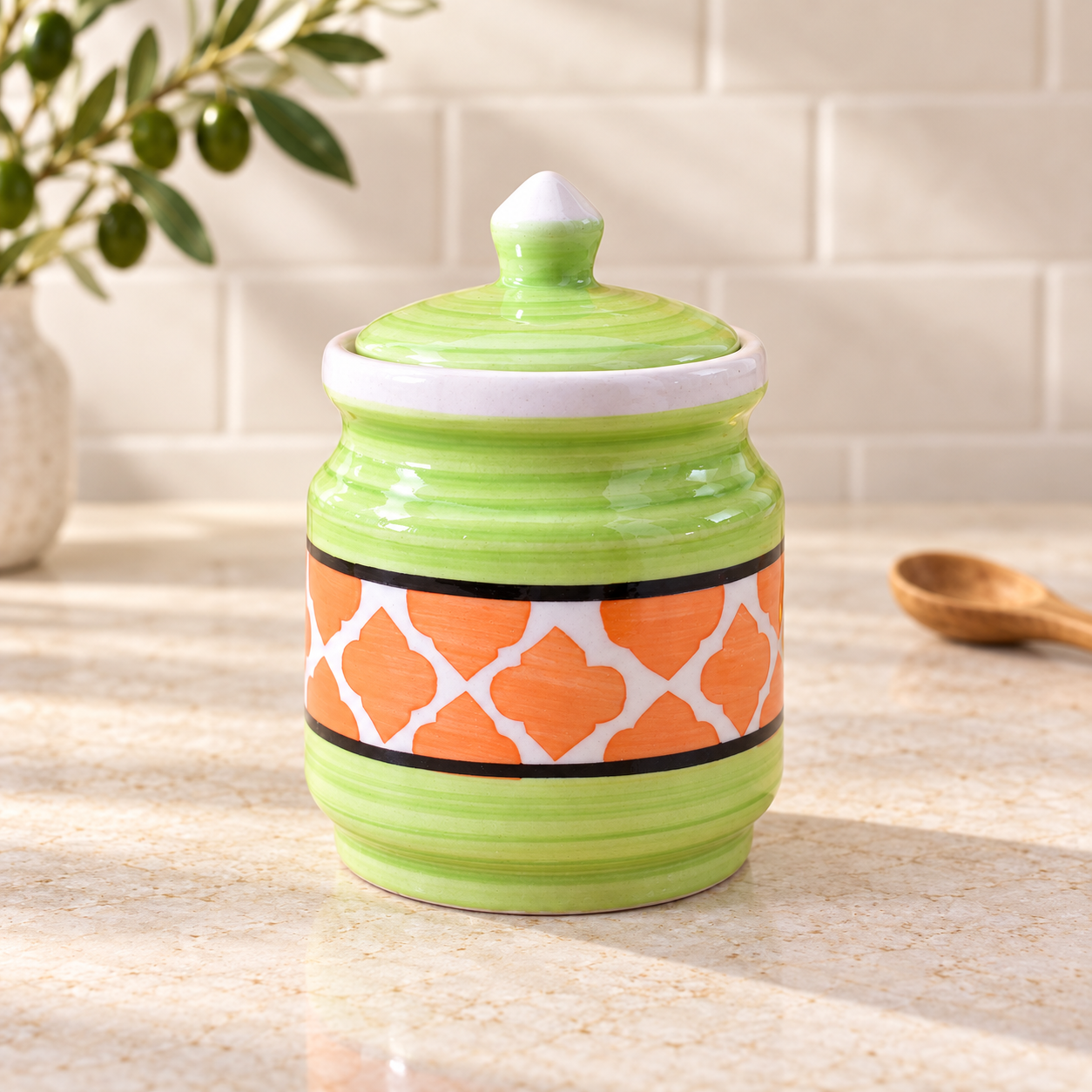 Kunhar Ceramic Jars (600ML) – Handcrafted Multipurpose Barni with Lid for Pickle, Chutney, Spices, Salt, Sugar – Kitchen Storage Containers, Green Orange