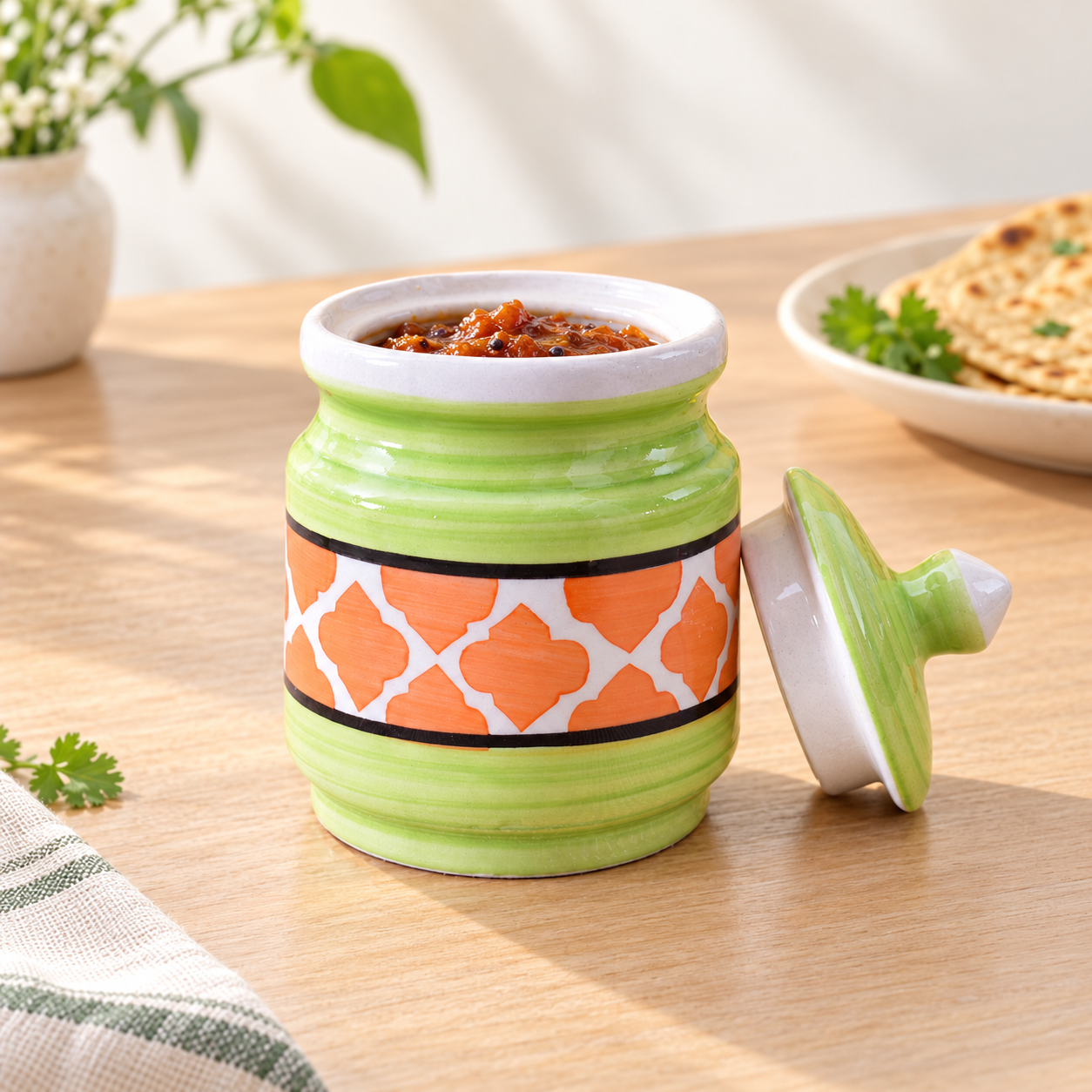 Kunhar Ceramic Jars (600ML) – Handcrafted Multipurpose Barni with Lid for Pickle, Chutney, Spices, Salt, Sugar – Kitchen Storage Containers, Green Orange - Image 4