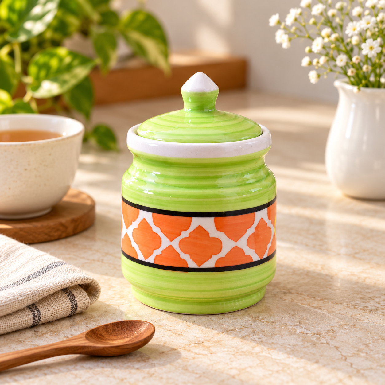 Kunhar Ceramic Jars (600ML) – Handcrafted Multipurpose Barni with Lid for Pickle, Chutney, Spices, Salt, Sugar – Kitchen Storage Containers, Green Orange - Image 5