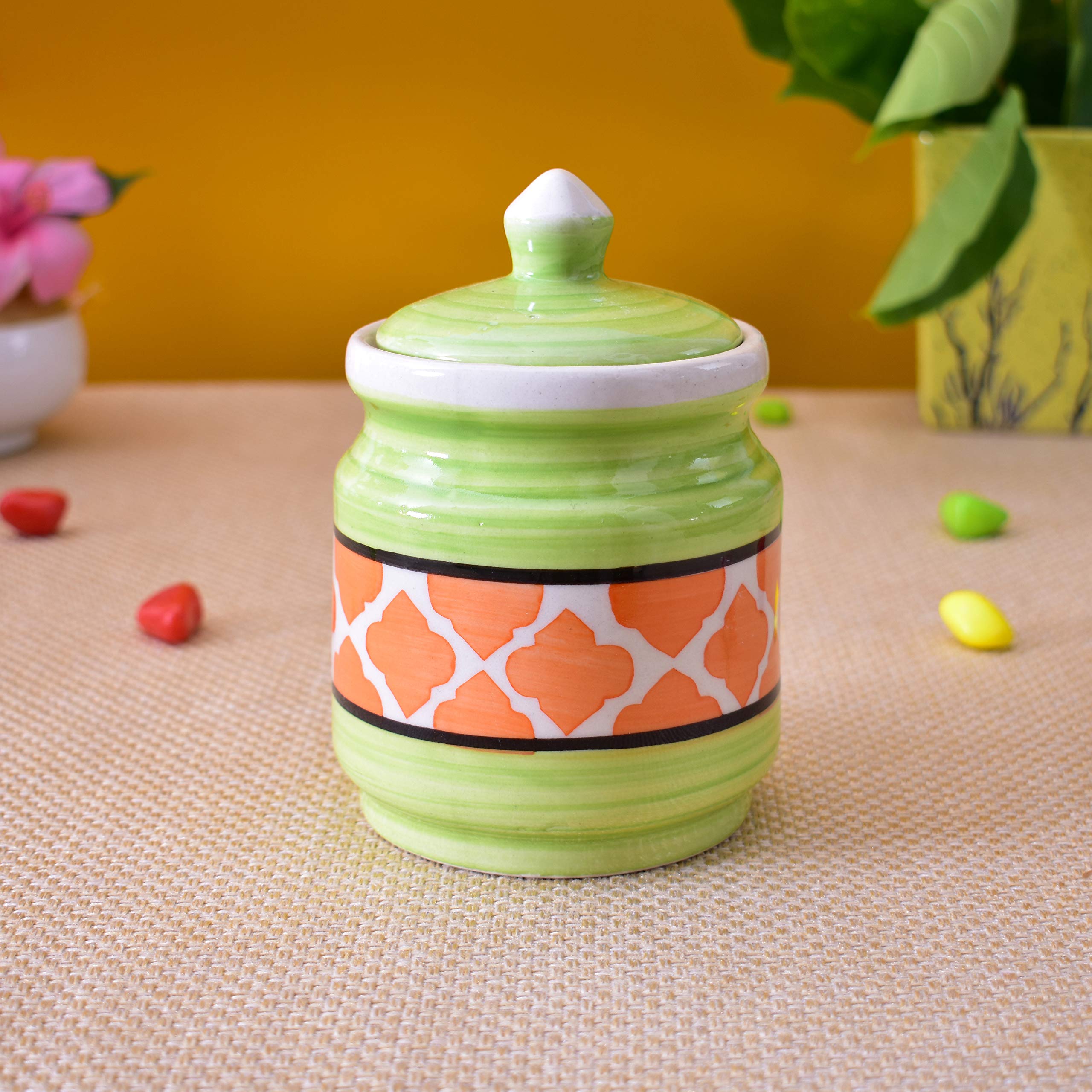 Kunhar Ceramic Jars (600ML) – Handcrafted Multipurpose Barni with Lid for Pickle, Chutney, Spices, Salt, Sugar – Kitchen Storage Containers, Green Orange - Image 2