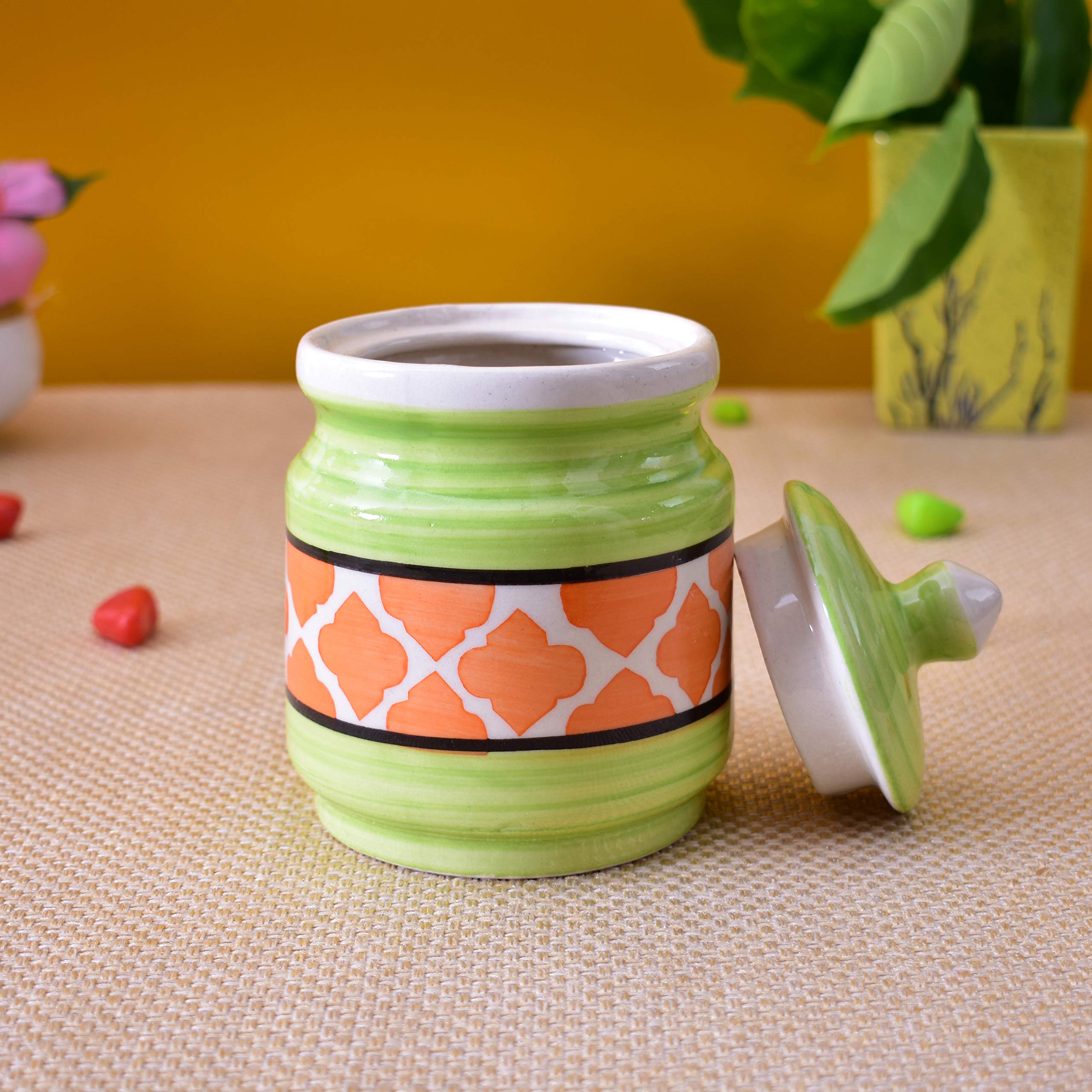 Kunhar Ceramic Jars (600ML) – Handcrafted Multipurpose Barni with Lid for Pickle, Chutney, Spices, Salt, Sugar – Kitchen Storage Containers, Green Orange - Image 3