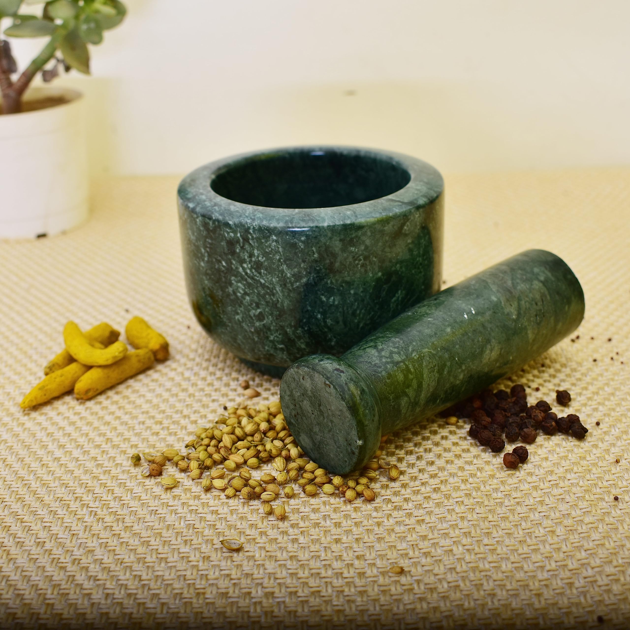 KunhaR Natural Green Marble Mortar and Pestle Set 4 x 2.5 Inches Full Polish – Imam Dasta Ohkli Musal Kharal Spice Grinder - Image 2