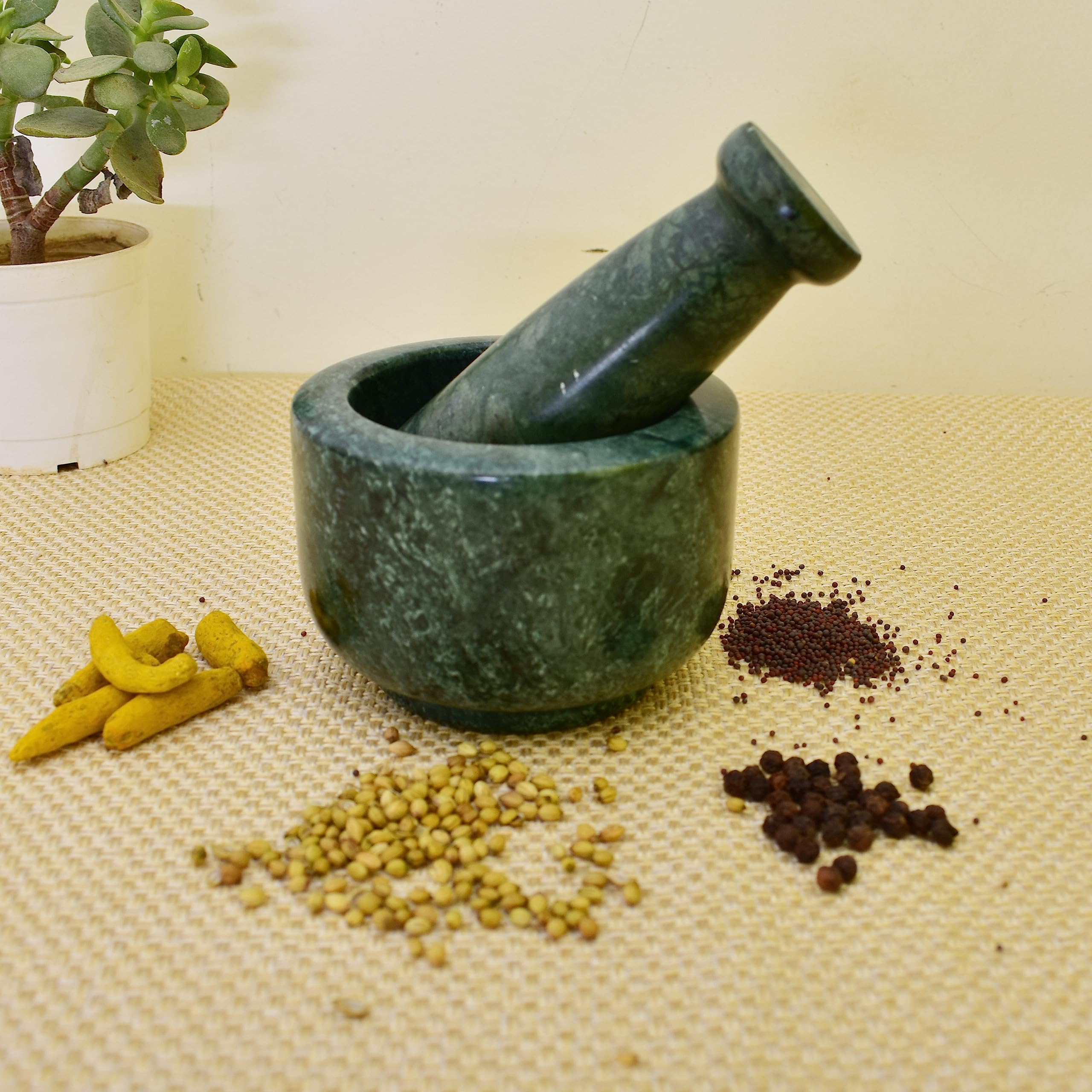 KunhaR Natural Green Marble Mortar and Pestle Set 4 x 2.5 Inches Full Polish – Imam Dasta Ohkli Musal Kharal Spice Grinder - Image 4