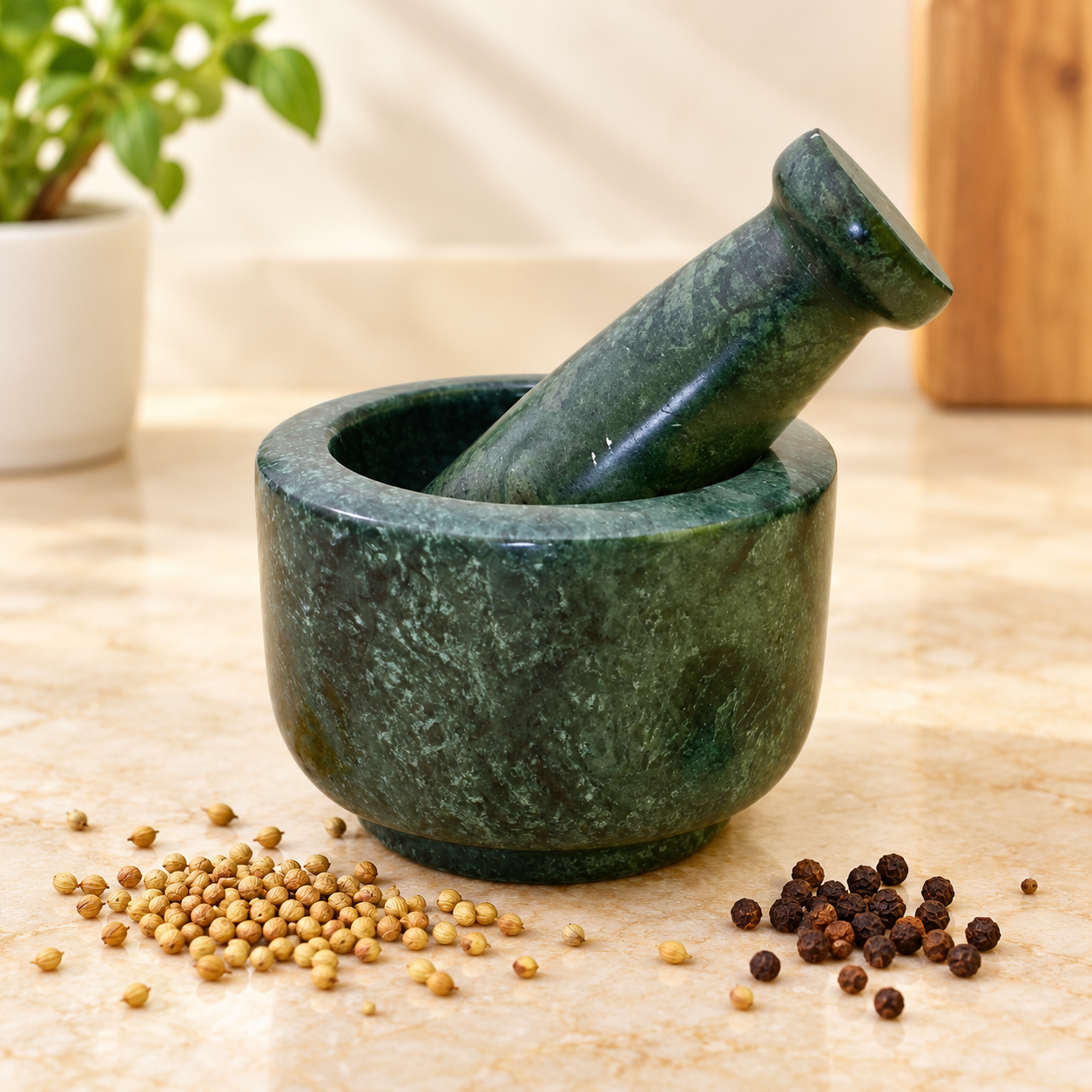 KunhaR Natural Green Marble Mortar and Pestle Set 4 x 2.5 Inches Full Polish – Imam Dasta Ohkli Musal Kharal Spice Grinder