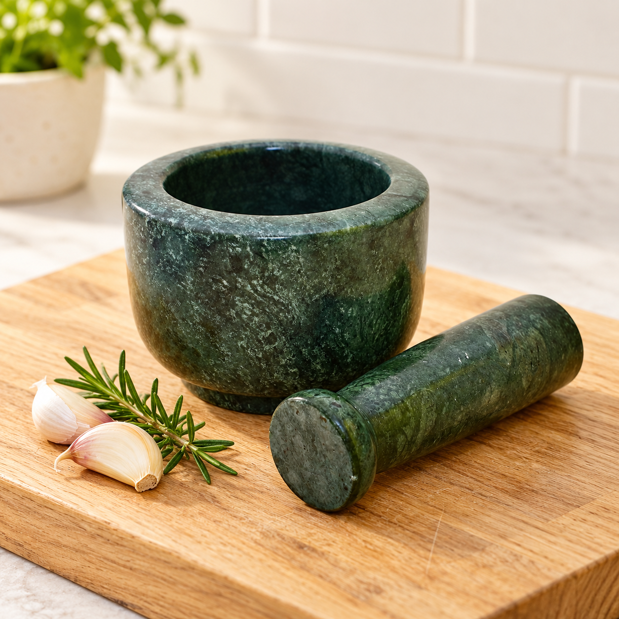KunhaR Natural Green Marble Mortar and Pestle Set 4 x 2.5 Inches Full Polish – Imam Dasta Ohkli Musal Kharal Spice Grinder - Image 2