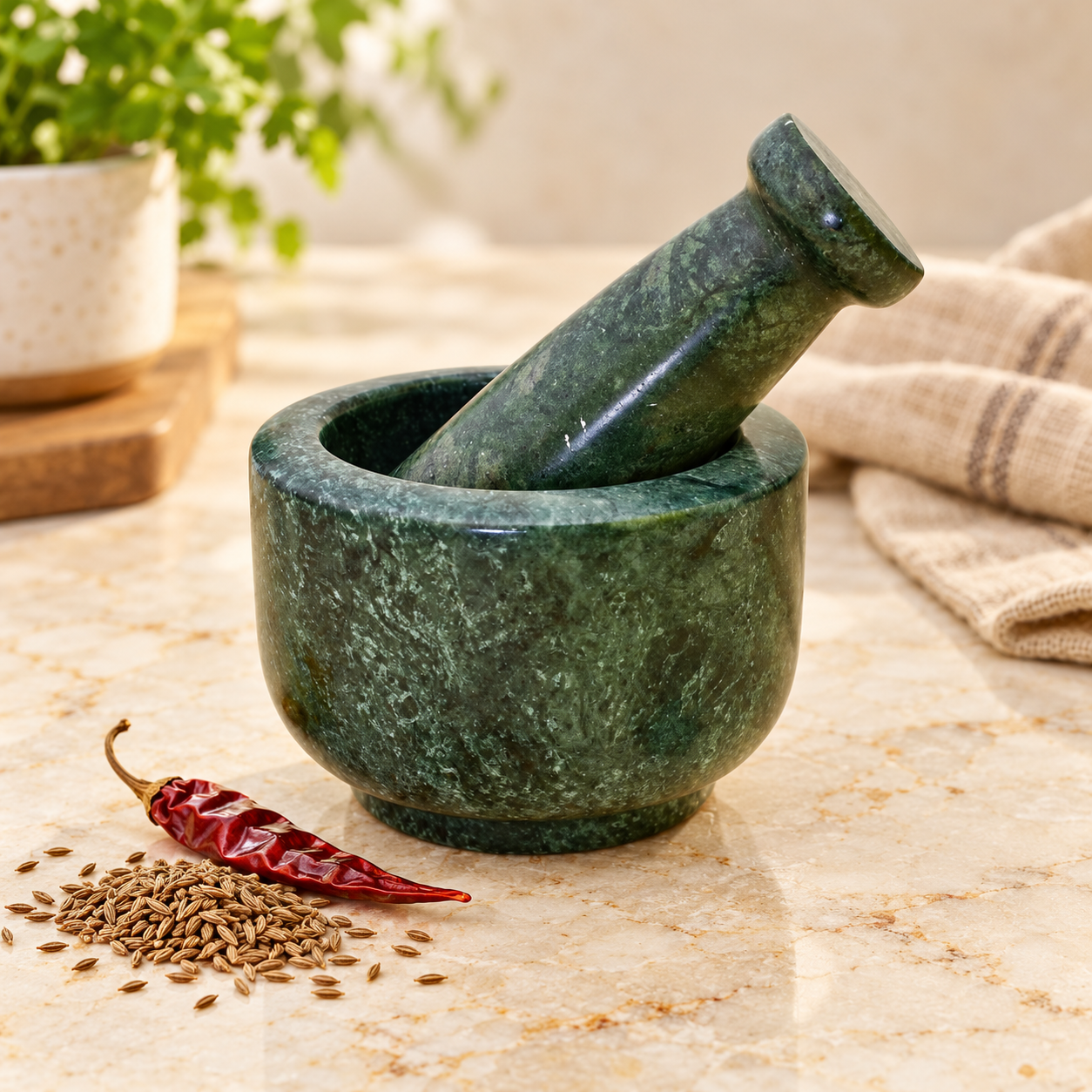 KunhaR Natural Green Marble Mortar and Pestle Set 4 x 2.5 Inches Full Polish – Imam Dasta Ohkli Musal Kharal Spice Grinder - Image 3