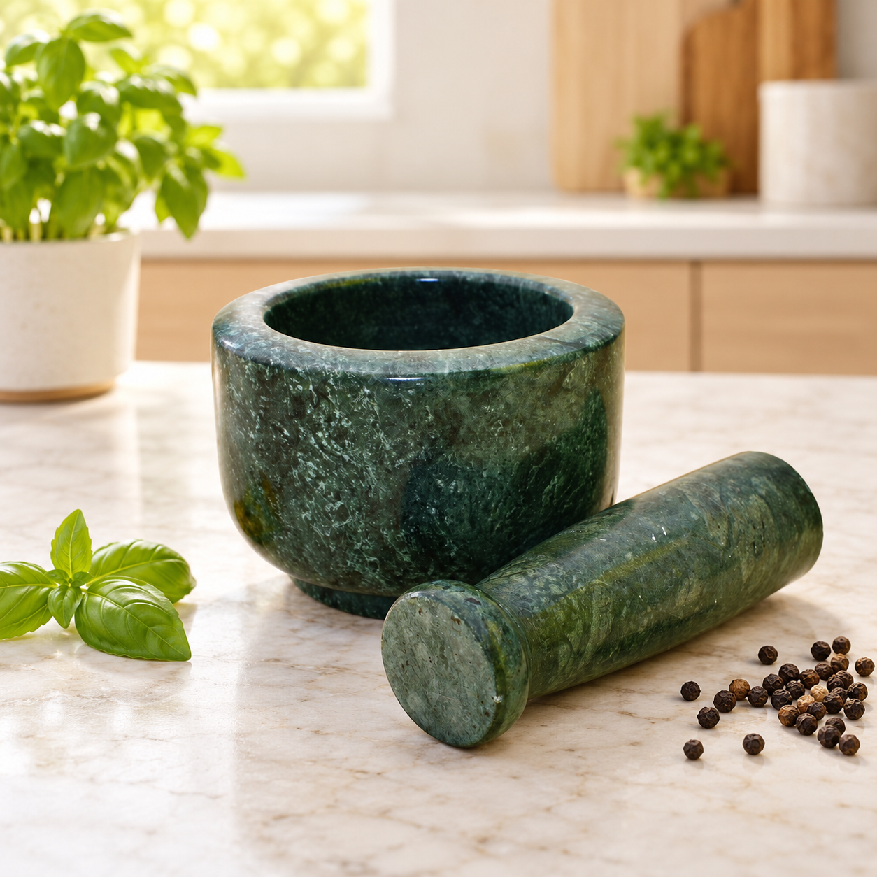 KunhaR Natural Green Marble Mortar and Pestle Set 4 x 2.5 Inches Full Polish – Imam Dasta Ohkli Musal Kharal Spice Grinder - Image 4