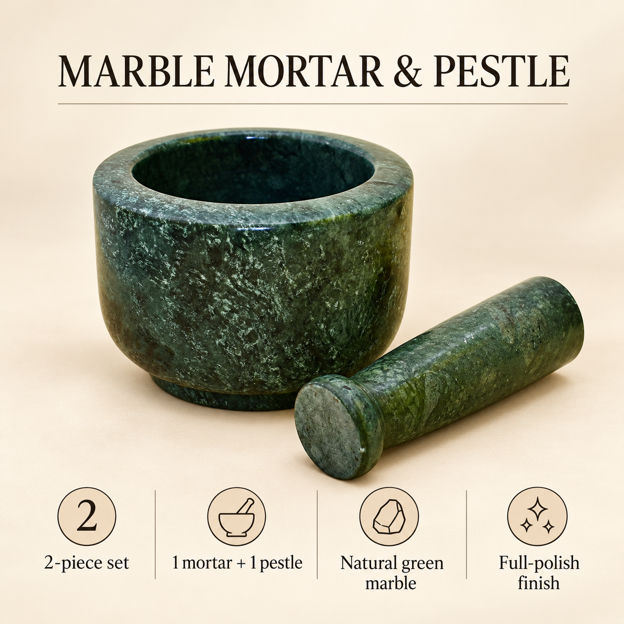 KunhaR Natural Green Marble Mortar and Pestle Set 4 x 2.5 Inches Full Polish – Imam Dasta Ohkli Musal Kharal Spice Grinder - Image 7