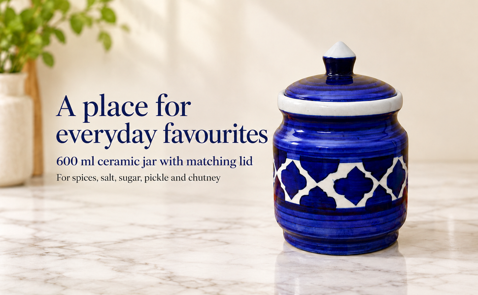 Kunhar Ceramic Jars (600ML) – Handcrafted Multipurpose Barni with Lid for Pickle, Chutney, Spices, Salt, Sugar – Kitchen Storage Containers, Blue – visual story 1