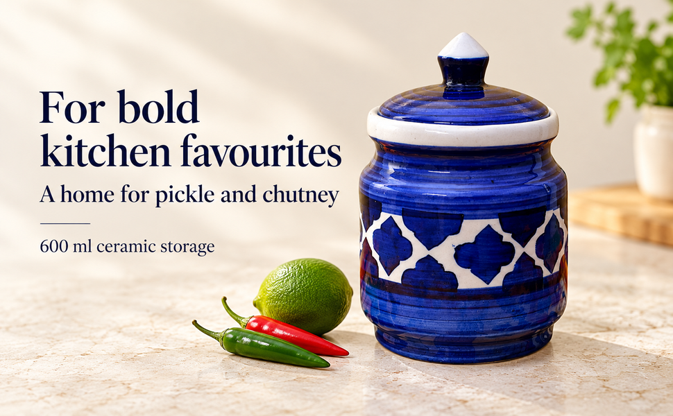 Kunhar Ceramic Jars (600ML) – Handcrafted Multipurpose Barni with Lid for Pickle, Chutney, Spices, Salt, Sugar – Kitchen Storage Containers, Blue – visual story 3