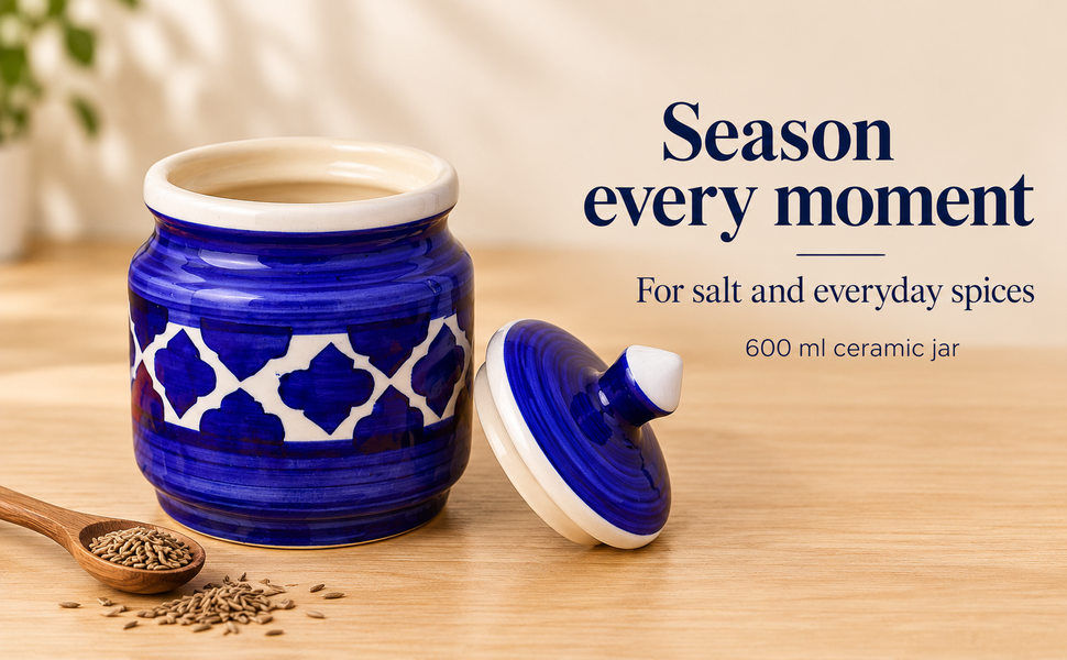 Kunhar Ceramic Jars (600ML) – Handcrafted Multipurpose Barni with Lid for Pickle, Chutney, Spices, Salt, Sugar – Kitchen Storage Containers, Blue – visual story 4