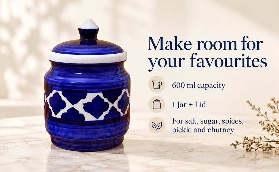Kunhar Ceramic Jars (600ML) – Handcrafted Multipurpose Barni with Lid for Pickle, Chutney, Spices, Salt, Sugar – Kitchen Storage Containers, Blue – visual story 6