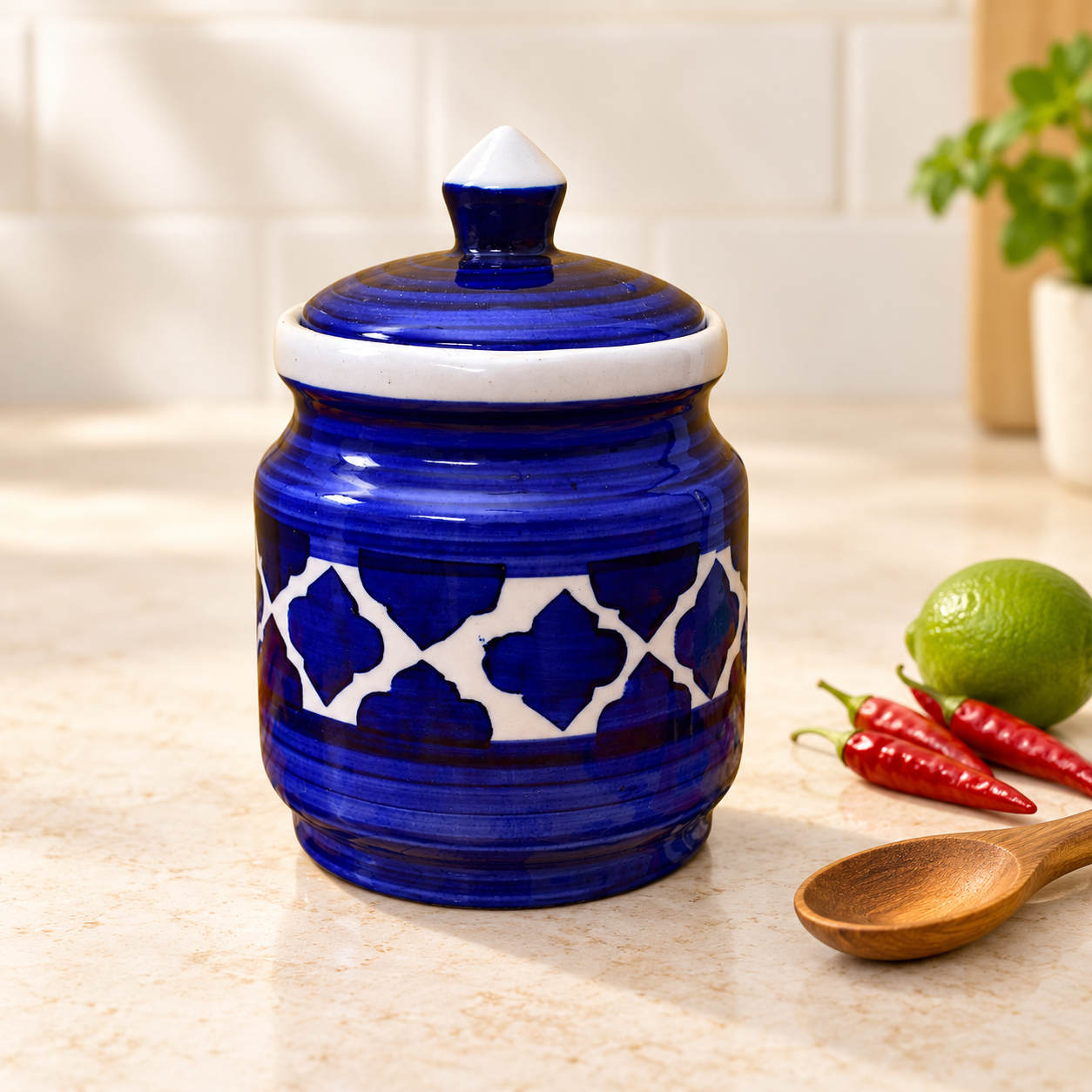 Kunhar Ceramic Jars (600ML) – Handcrafted Multipurpose Barni with Lid for Pickle, Chutney, Spices, Salt, Sugar – Kitchen Storage Containers, Blue - Image 4