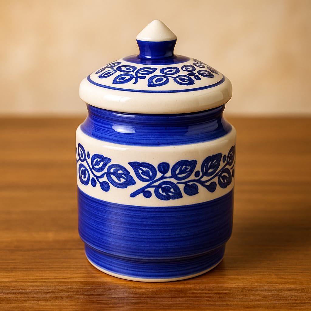 Kunhar Ceramic Jars (600ML) – Handcrafted Multipurpose Barni with Lid for Pickle, Chutney, Spices, Salt, Sugar – Kitchen Storage Containers, Blue Vine