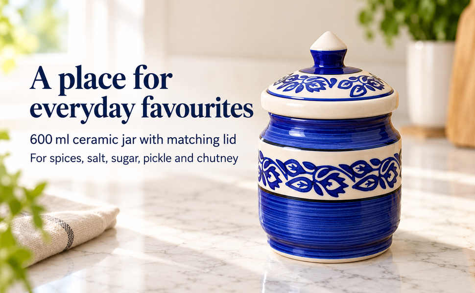 Kunhar Ceramic Jars (600ML) – Handcrafted Multipurpose Barni with Lid for Pickle, Chutney, Spices, Salt, Sugar – Kitchen Storage Containers, Blue Vine – visual story 1
