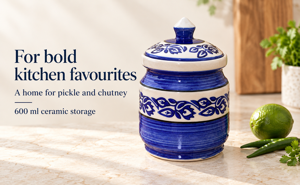Kunhar Ceramic Jars (600ML) – Handcrafted Multipurpose Barni with Lid for Pickle, Chutney, Spices, Salt, Sugar – Kitchen Storage Containers, Blue Vine – visual story 3
