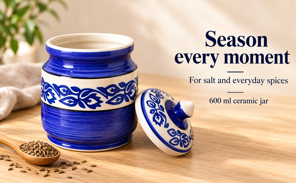 Kunhar Ceramic Jars (600ML) – Handcrafted Multipurpose Barni with Lid for Pickle, Chutney, Spices, Salt, Sugar – Kitchen Storage Containers, Blue Vine – visual story 4