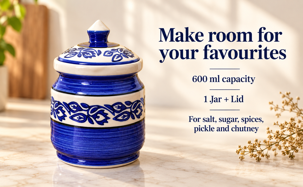 Kunhar Ceramic Jars (600ML) – Handcrafted Multipurpose Barni with Lid for Pickle, Chutney, Spices, Salt, Sugar – Kitchen Storage Containers, Blue Vine – visual story 6