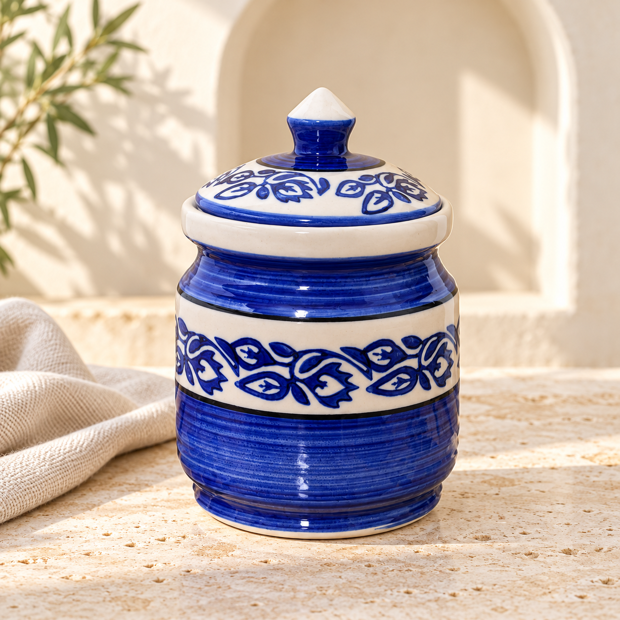 Kunhar Ceramic Jars (600ML) – Handcrafted Multipurpose Barni with Lid for Pickle, Chutney, Spices, Salt, Sugar – Kitchen Storage Containers, Blue Vine
