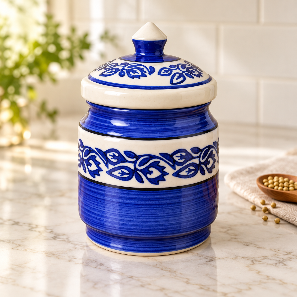 Kunhar Ceramic Jars (600ML) – Handcrafted Multipurpose Barni with Lid for Pickle, Chutney, Spices, Salt, Sugar – Kitchen Storage Containers, Blue Vine - Image 2