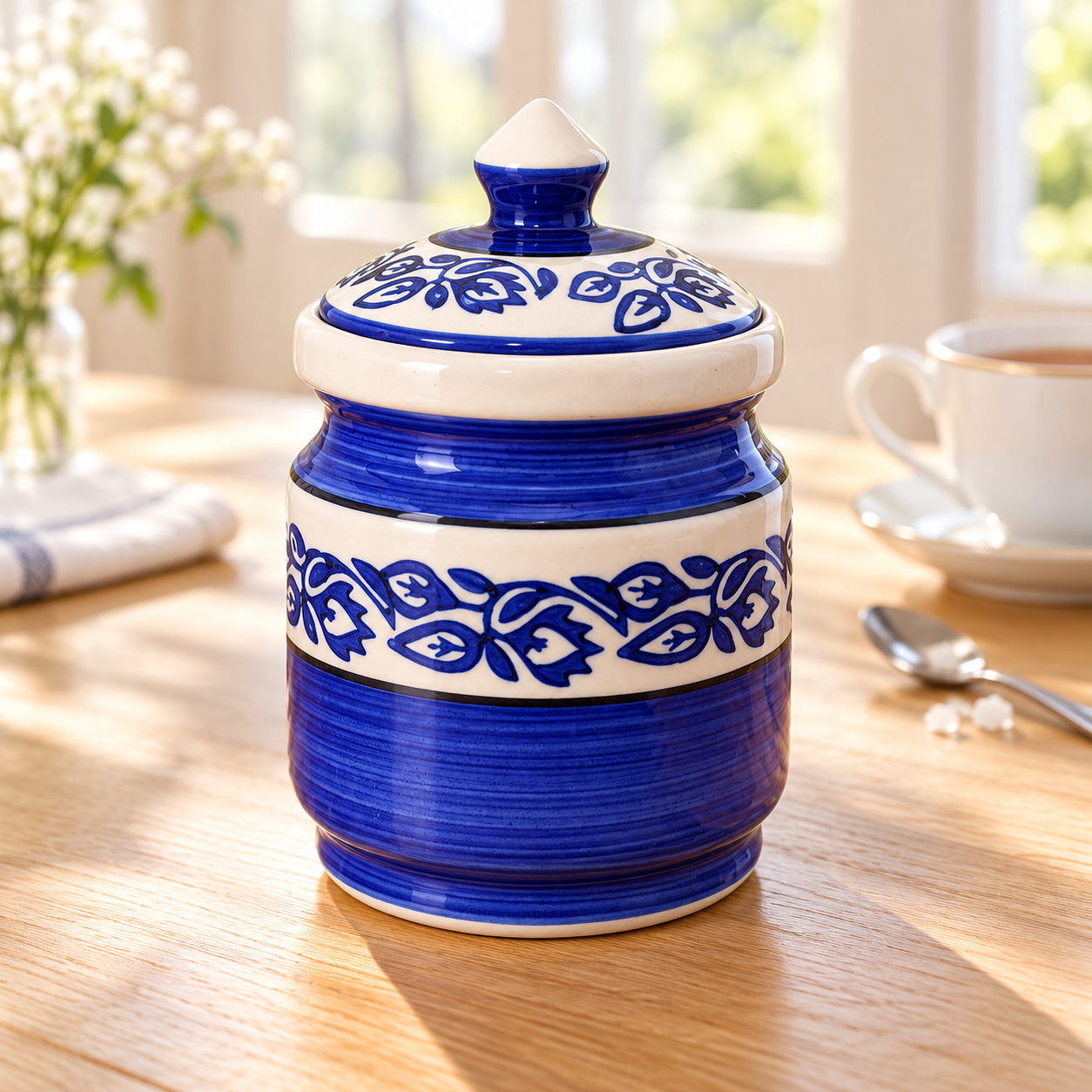Kunhar Ceramic Jars (600ML) – Handcrafted Multipurpose Barni with Lid for Pickle, Chutney, Spices, Salt, Sugar – Kitchen Storage Containers, Blue Vine - Image 3