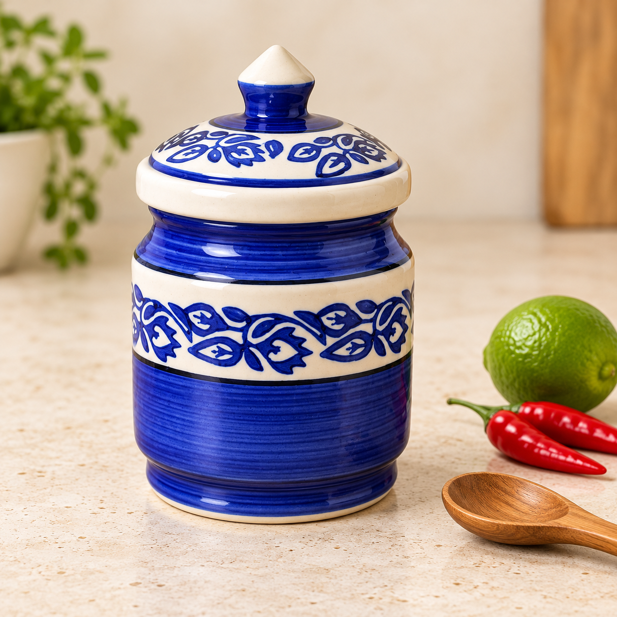Kunhar Ceramic Jars (600ML) – Handcrafted Multipurpose Barni with Lid for Pickle, Chutney, Spices, Salt, Sugar – Kitchen Storage Containers, Blue Vine - Image 4