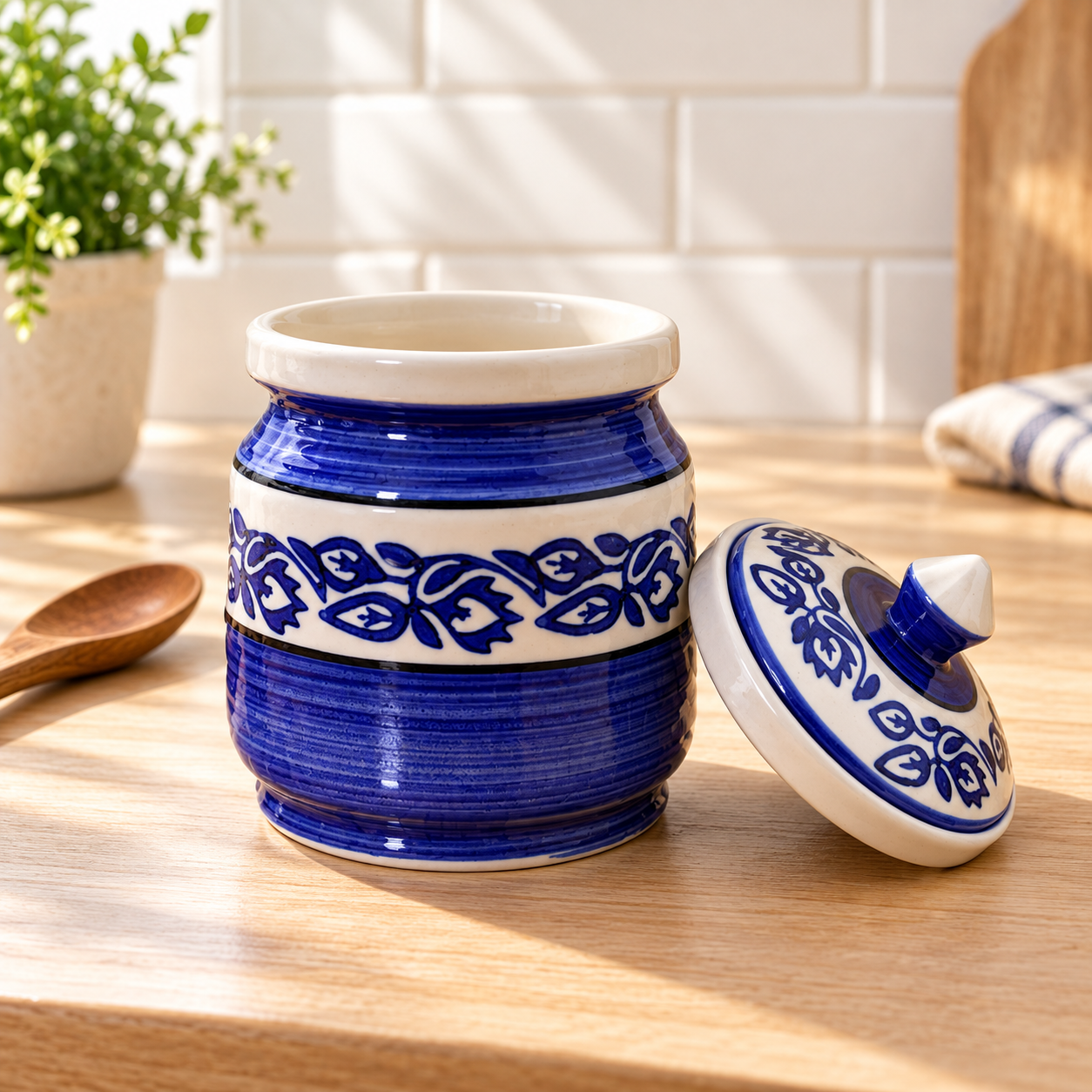 Kunhar Ceramic Jars (600ML) – Handcrafted Multipurpose Barni with Lid for Pickle, Chutney, Spices, Salt, Sugar – Kitchen Storage Containers, Blue Vine - Image 5