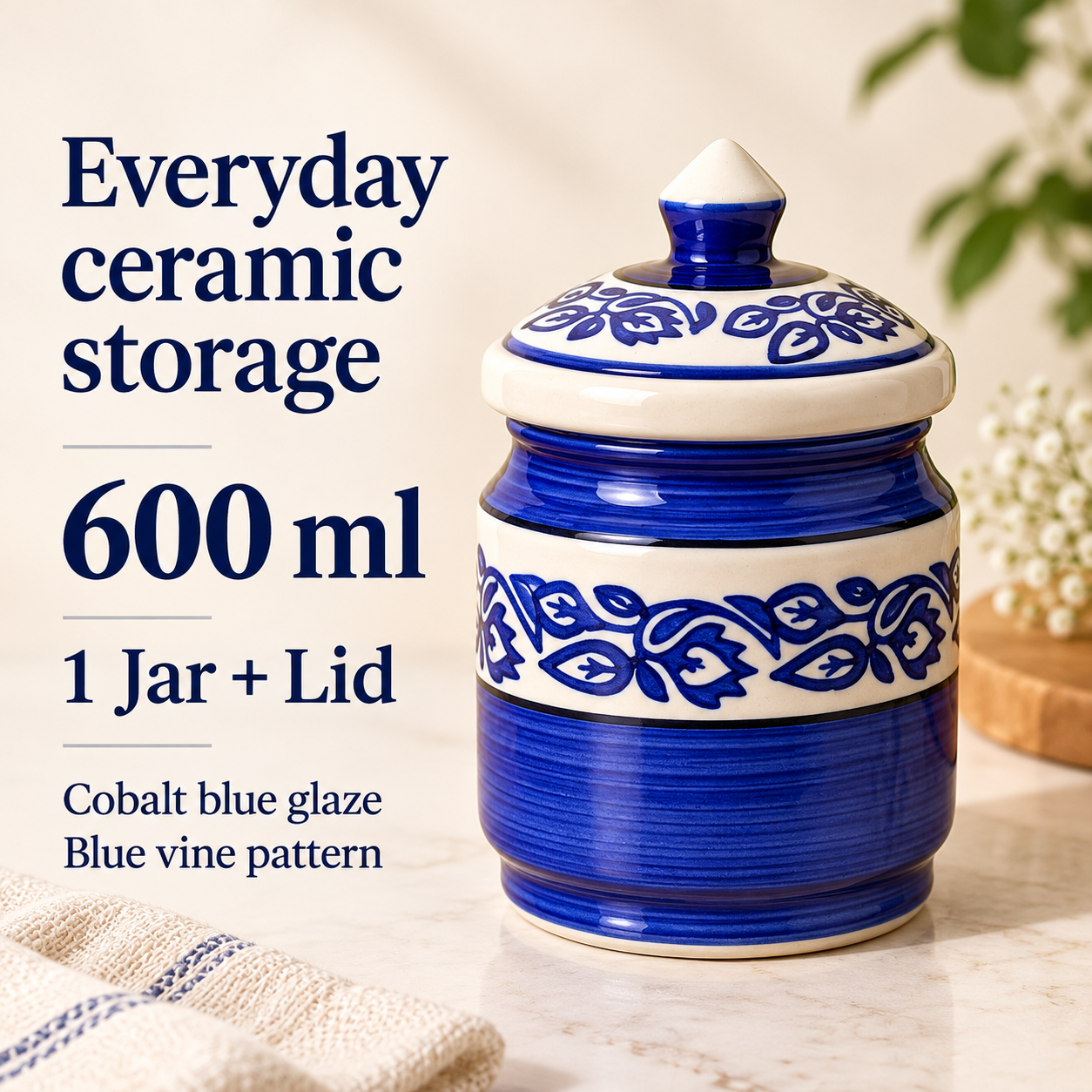 Kunhar Ceramic Jars (600ML) – Handcrafted Multipurpose Barni with Lid for Pickle, Chutney, Spices, Salt, Sugar – Kitchen Storage Containers, Blue Vine - Image 7