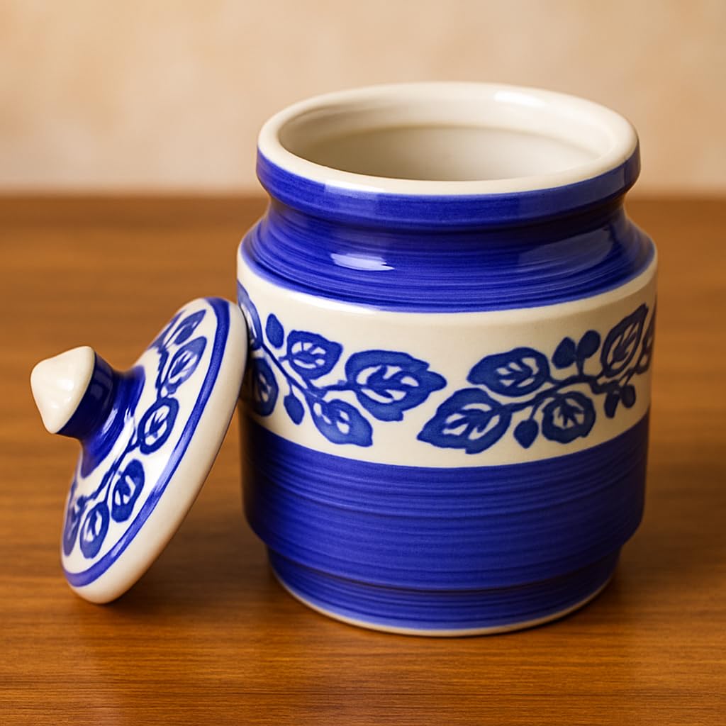Kunhar Ceramic Jars (600ML) – Handcrafted Multipurpose Barni with Lid for Pickle, Chutney, Spices, Salt, Sugar – Kitchen Storage Containers, Blue Vine - Image 2
