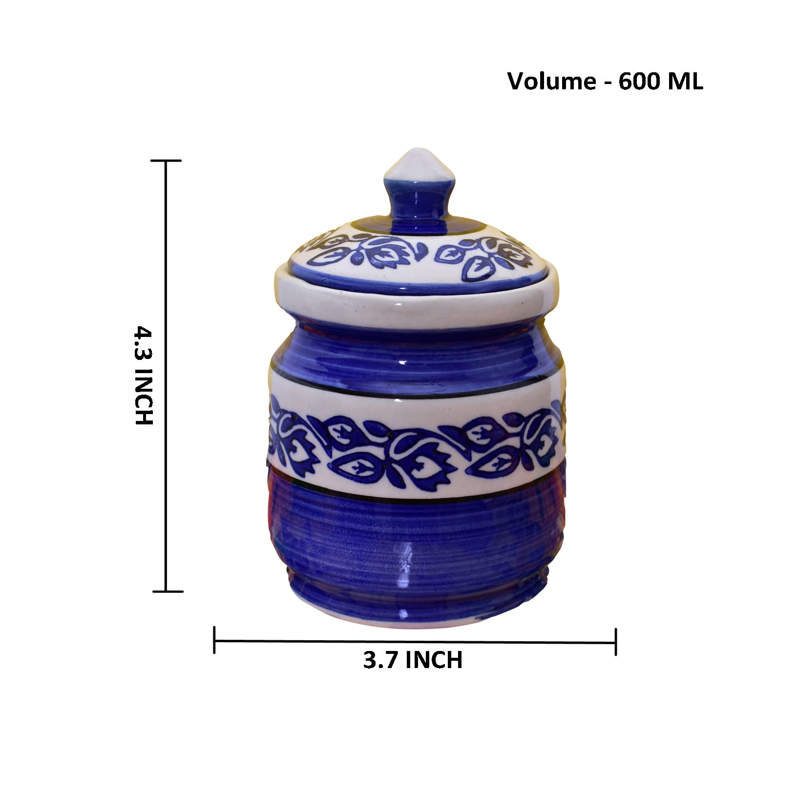 Kunhar Ceramic Jars (600ML) – Handcrafted Multipurpose Barni with Lid for Pickle, Chutney, Spices, Salt, Sugar – Kitchen Storage Containers, Blue Vine - Image 3
