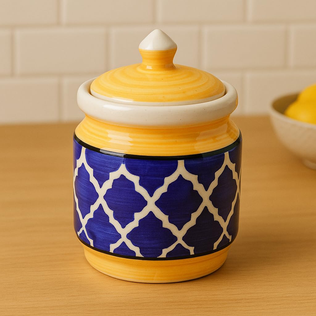 Kunhar Ceramic Jars (600ML) – Handcrafted Multipurpose Barni with Lid for Pickle, Chutney, Spices, Salt, Sugar – Kitchen Storage Containers, Yellow Blue - Image 3