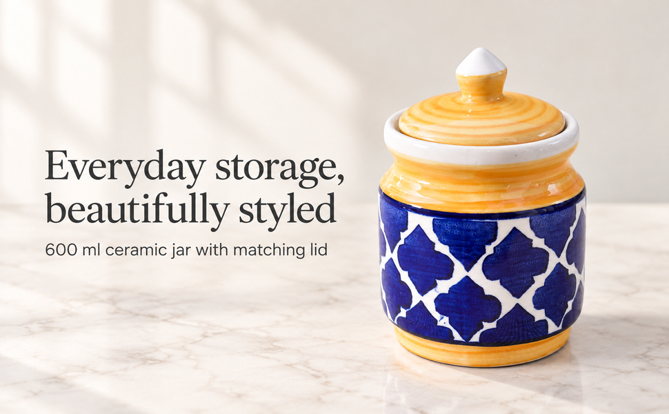 Kunhar Ceramic Jars (600ML) – Handcrafted Multipurpose Barni with Lid for Pickle, Chutney, Spices, Salt, Sugar – Kitchen Storage Containers, Yellow Blue – visual story 1