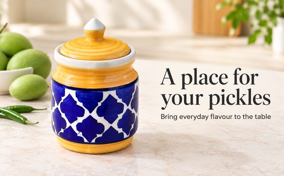 Kunhar Ceramic Jars (600ML) – Handcrafted Multipurpose Barni with Lid for Pickle, Chutney, Spices, Salt, Sugar – Kitchen Storage Containers, Yellow Blue – visual story 2